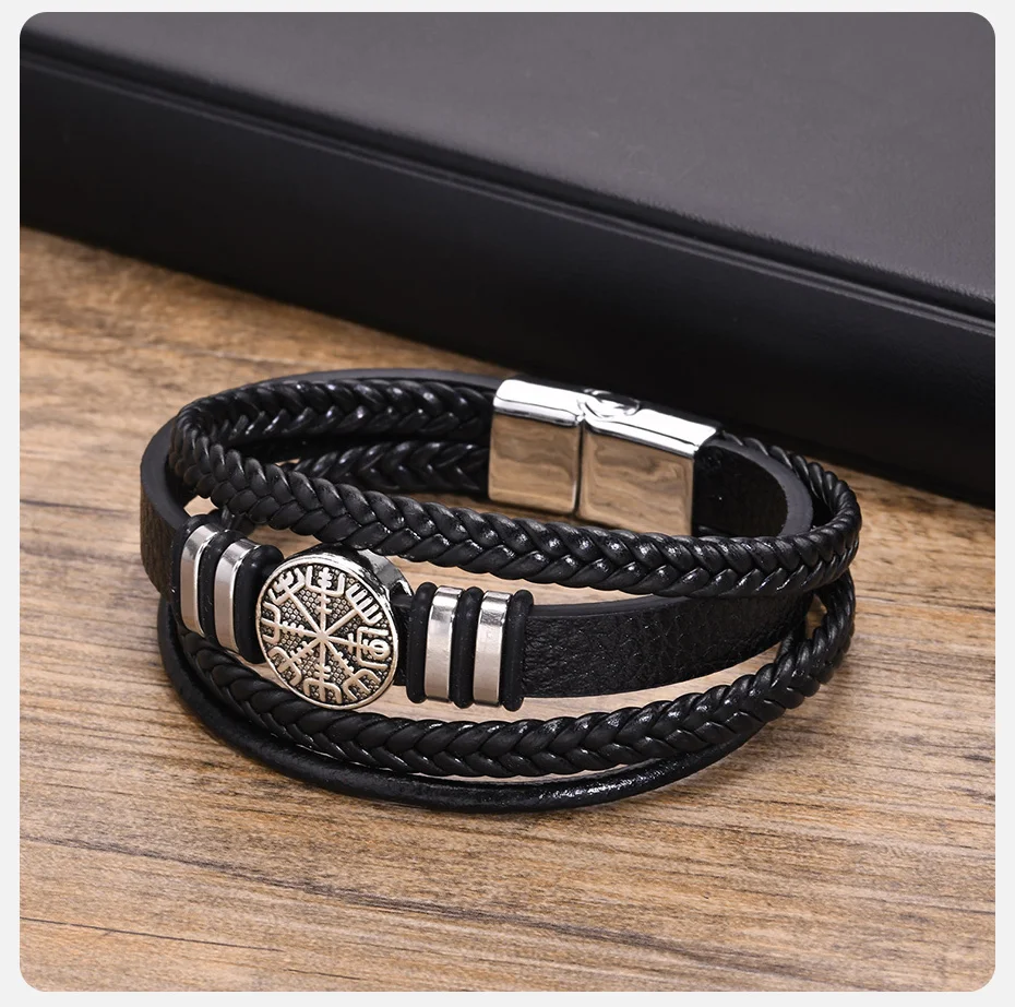 Vnox Norse Viking Bracelets for Men Boys, Black Mens Leather Bracelet Bangle Birthday Christmas Gifts to Father Dad Husband BFF