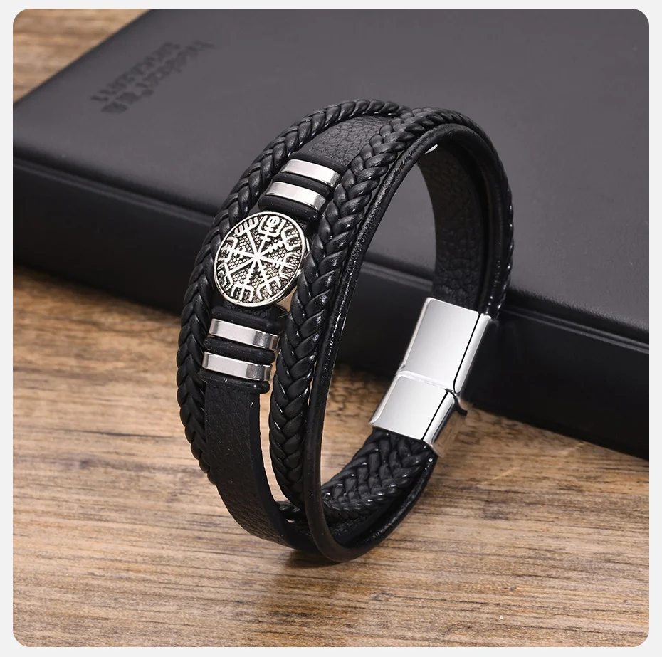 Vnox Norse Viking Bracelets for Men Boys, Black Mens Leather Bracelet Bangle Birthday Christmas Gifts to Father Dad Husband BFF