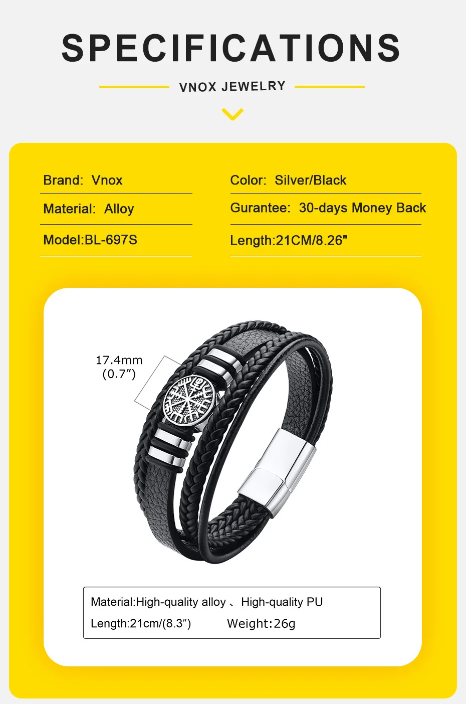 Vnox Norse Viking Bracelets for Men Boys, Black Mens Leather Bracelet Bangle Birthday Christmas Gifts to Father Dad Husband BFF