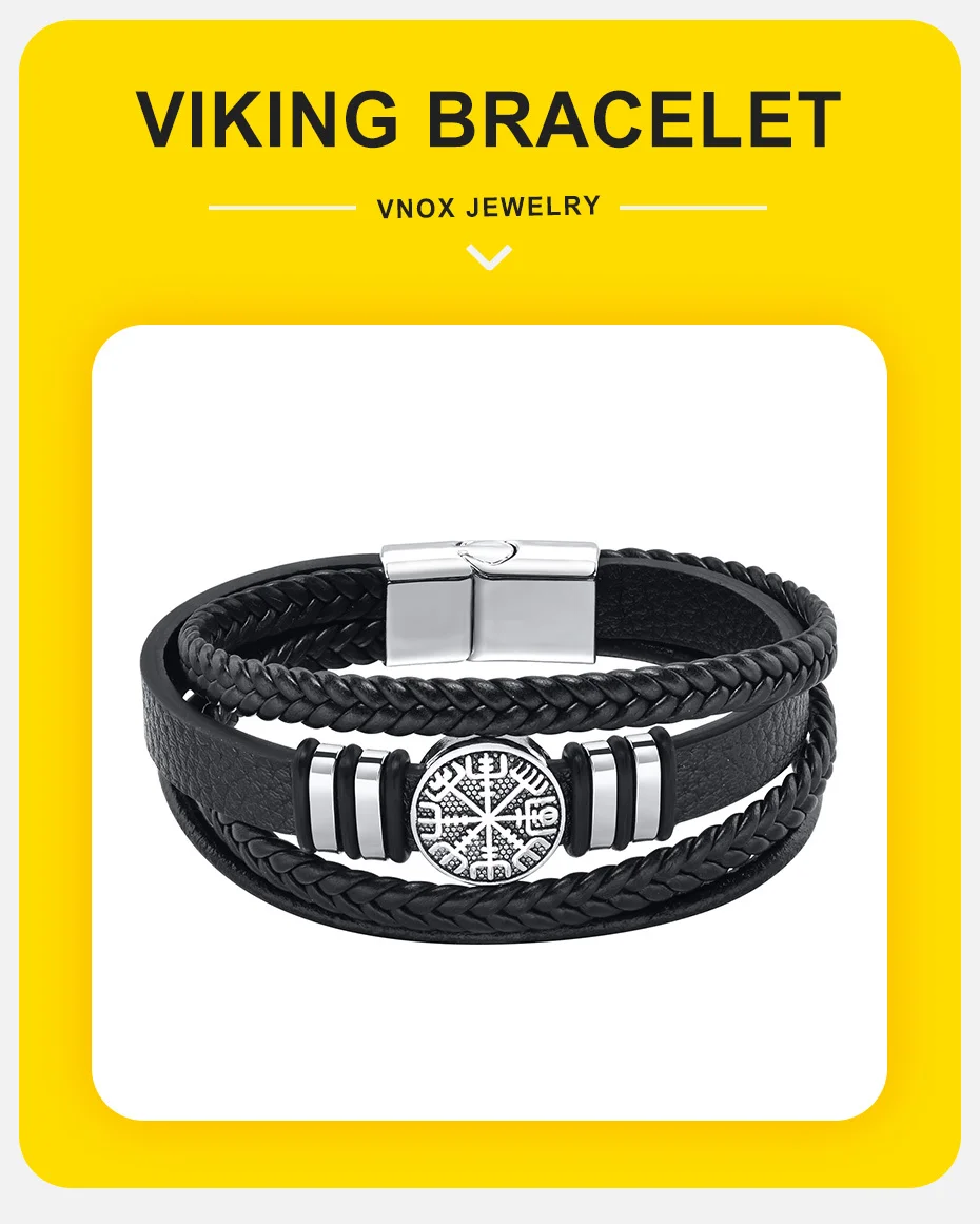 Vnox Norse Viking Bracelets for Men Boys, Black Mens Leather Bracelet Bangle Birthday Christmas Gifts to Father Dad Husband BFF