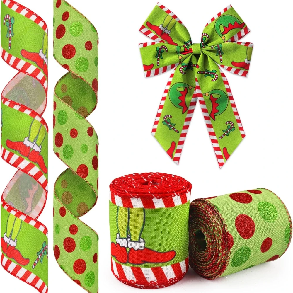 2 Rolls Christmas Ribbon for Wreath Green Dots Monster Ribbon for Gift Wrapping Party Supplies Decoration Wired Winter Christmas
