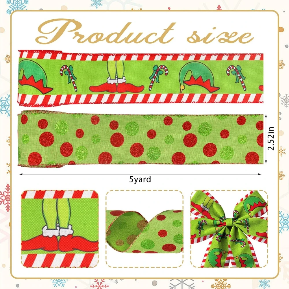 2 Rolls Christmas Ribbon for Wreath Green Dots Monster Ribbon for Gift Wrapping Party Supplies Decoration Wired Winter Christmas