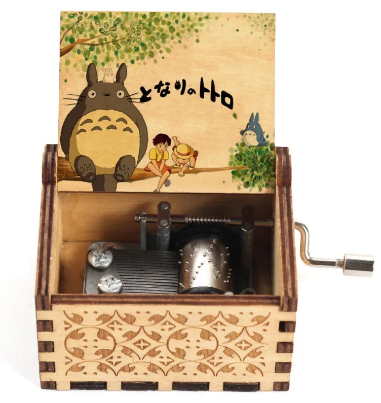 2026 Hot sale Antique carved Wooden Hand Crank Music Box Totoro Music Box figure Christmas Birthday Gift