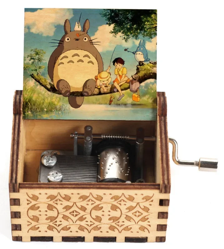 2026 Hot sale Antique carved Wooden Hand Crank Music Box Totoro Music Box figure Christmas Birthday Gift