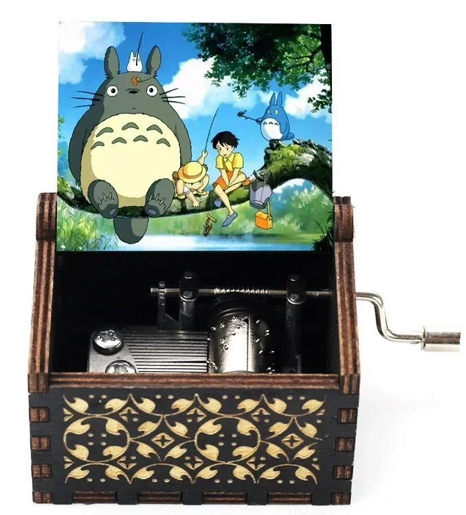 2026 Hot sale Antique carved Wooden Hand Crank Music Box Totoro Music Box figure Christmas Birthday Gift