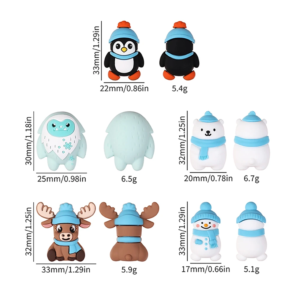 5/10/20pcs Winter-Themed Silicone Bead Christmas Snowman, Penguin,Polar Bear Designs for DIY Jewelry Keychains Making