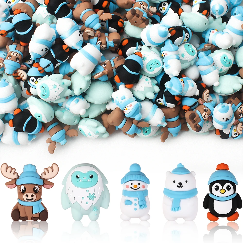 5/10/20pcs Winter-Themed Silicone Bead Christmas Snowman, Penguin,Polar Bear Designs for DIY Jewelry Keychains Making