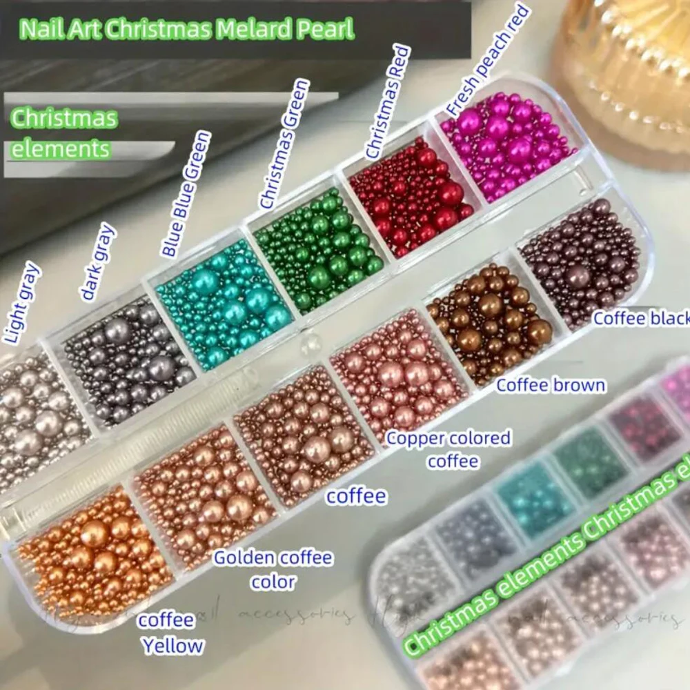 12Grids Christmas Red/Green Pearl Nail Rhinestone Mixed Size Pearlescent Colorful Beads Nali Charms Full Circle Pearl Manicure