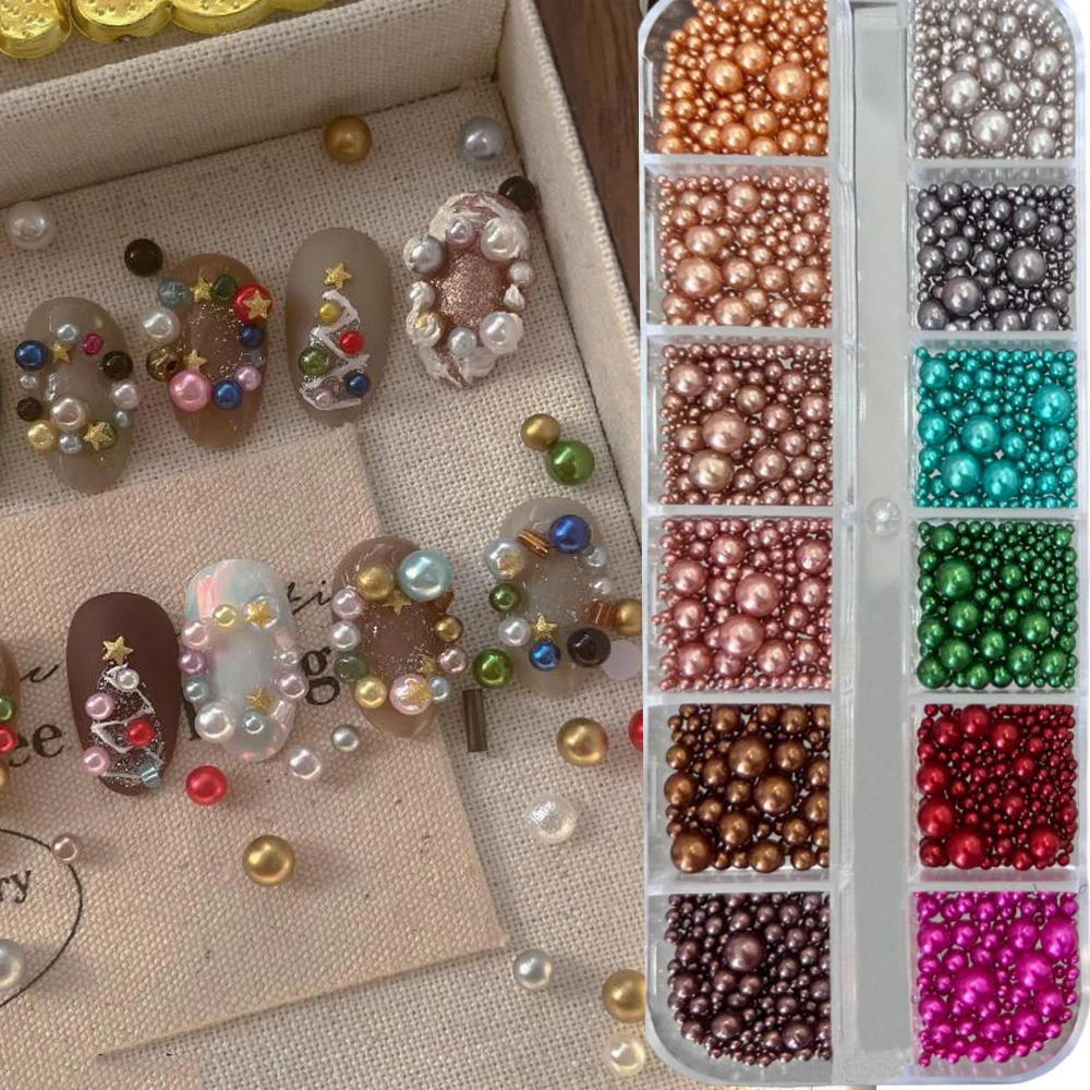 12Grids Christmas Red/Green Pearl Nail Rhinestone Mixed Size Pearlescent Colorful Beads Nali Charms Full Circle Pearl Manicure