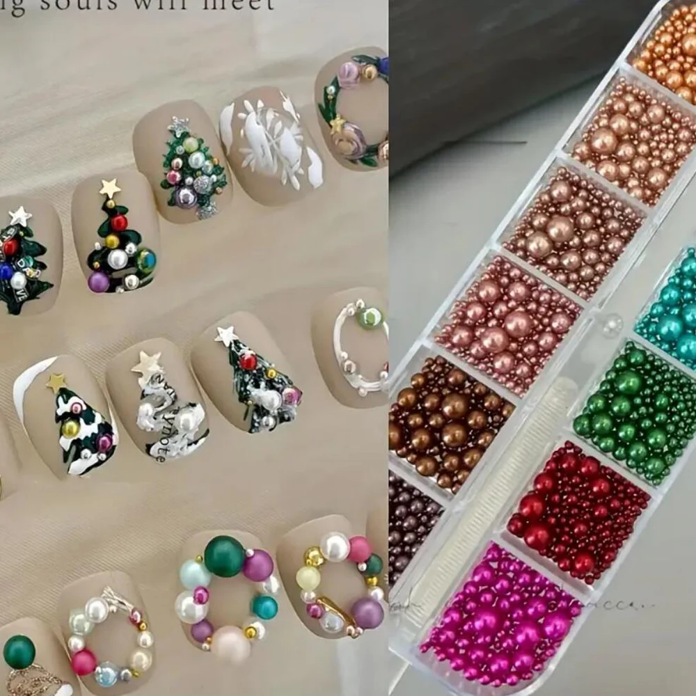12Grids Christmas Red/Green Pearl Nail Rhinestone Mixed Size Pearlescent Colorful Beads Nali Charms Full Circle Pearl Manicure