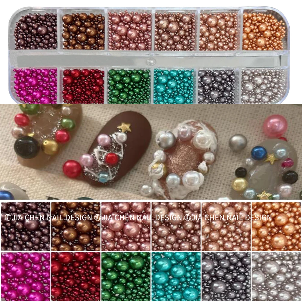 12Grids Christmas Red/Green Pearl Nail Rhinestone Mixed Size Pearlescent Colorful Beads Nali Charms Full Circle Pearl Manicure