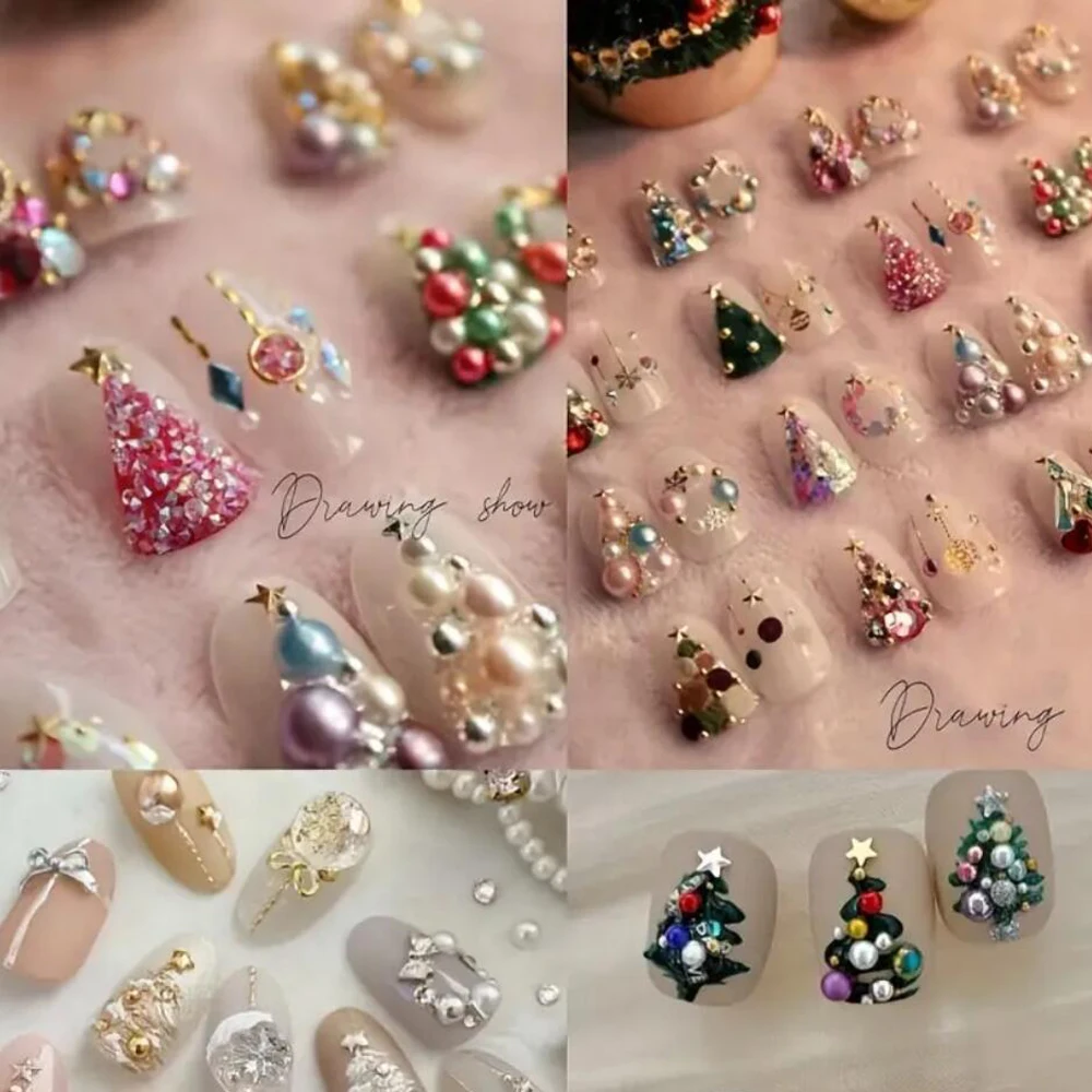 12Grids Christmas Red/Green Pearl Nail Rhinestone Mixed Size Pearlescent Colorful Beads Nali Charms Full Circle Pearl Manicure