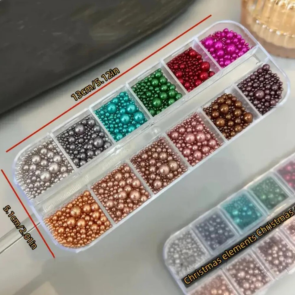 12Grids Christmas Red/Green Pearl Nail Rhinestone Mixed Size Pearlescent Colorful Beads Nali Charms Full Circle Pearl Manicure