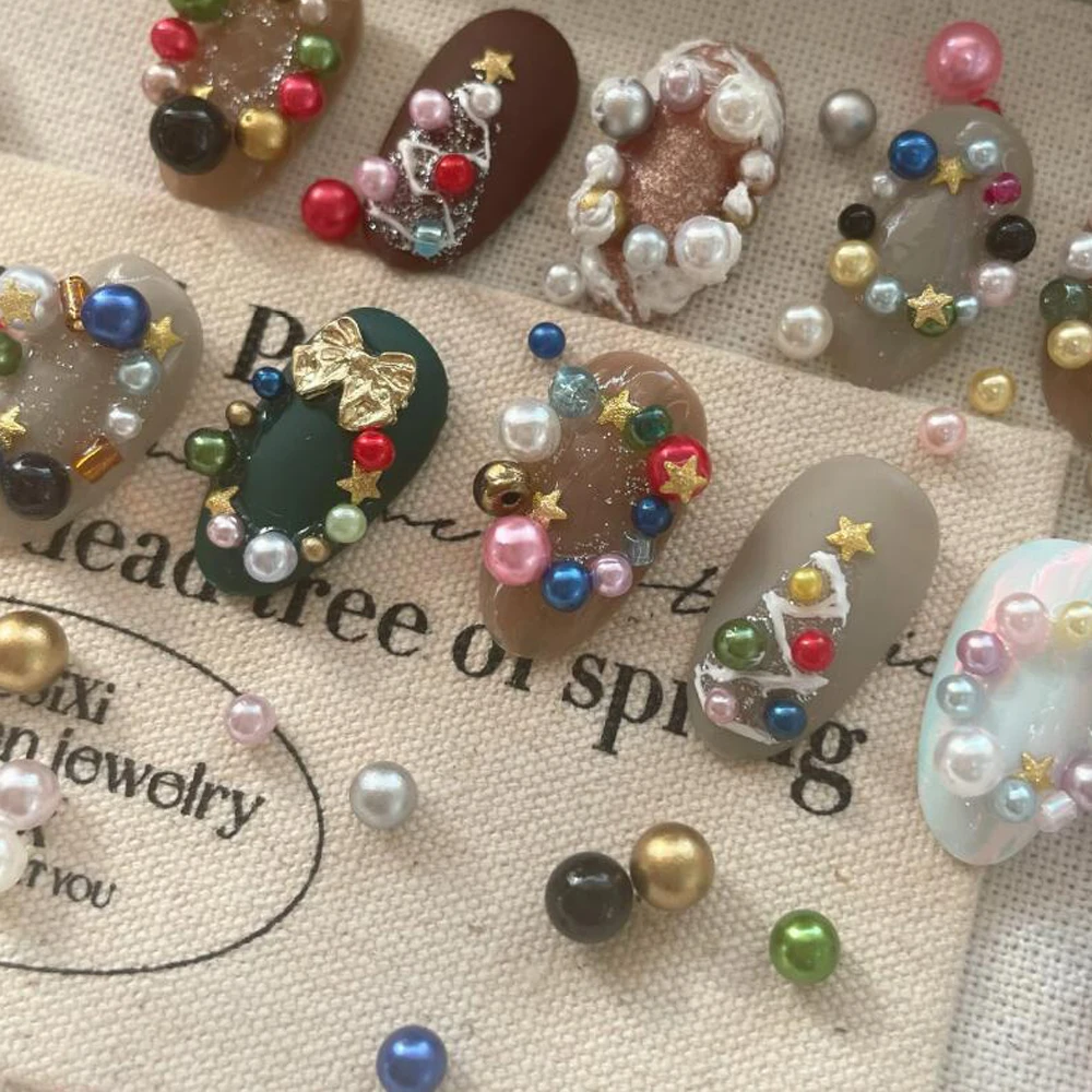 12Grids Christmas Red/Green Pearl Nail Rhinestone Mixed Size Pearlescent Colorful Beads Nali Charms Full Circle Pearl Manicure