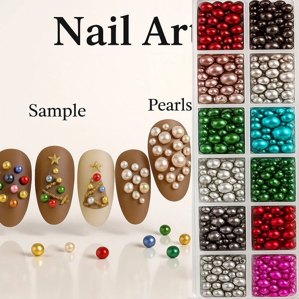 12Grids Christmas Red/Green Pearl Nail Rhinestone Mixed Size Pearlescent Colorful Beads Nali Charms Full Circle Pearl Manicure