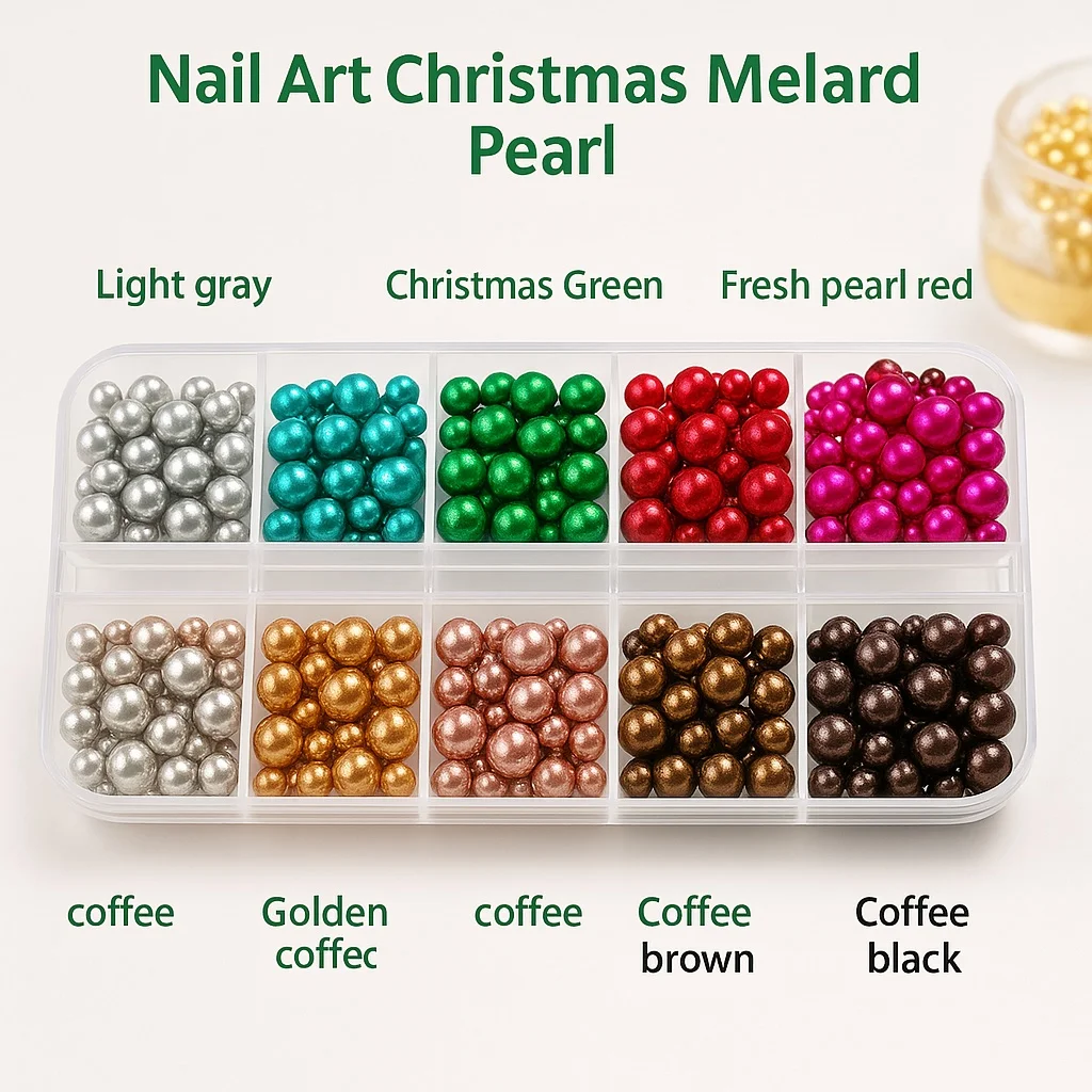 12Grids Christmas Red/Green Pearl Nail Rhinestone Mixed Size Pearlescent Colorful Beads Nali Charms Full Circle Pearl Manicure