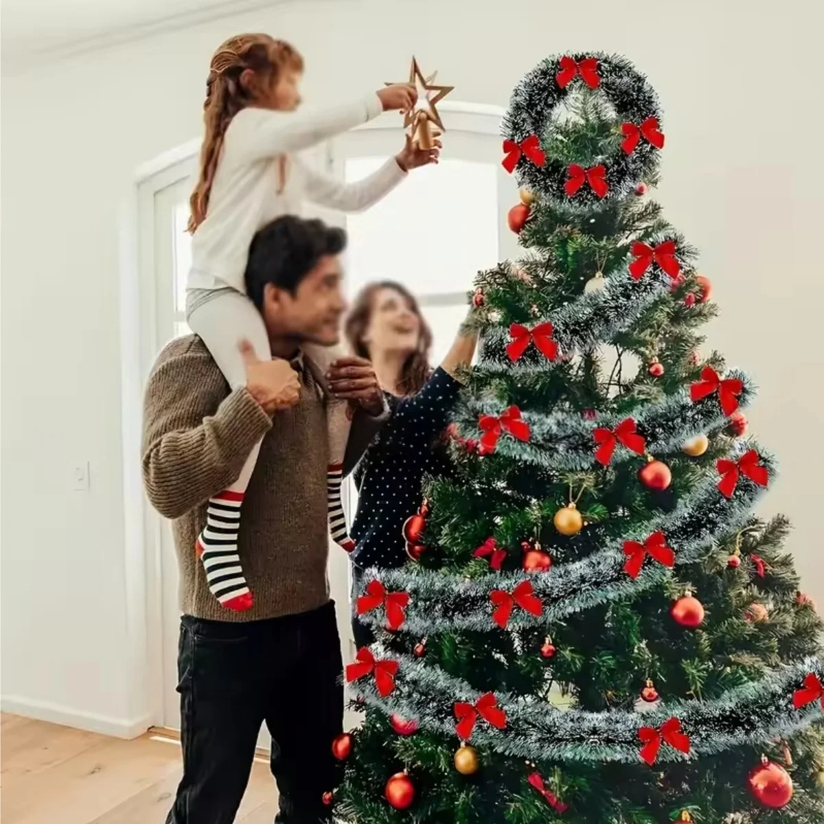 2/4/6/10M Christmas Tinsel Ribbons with Bow Green Cane Ribbon Garland Xmas Tree Hanging Pendent DIY Wreath Party Home Decor