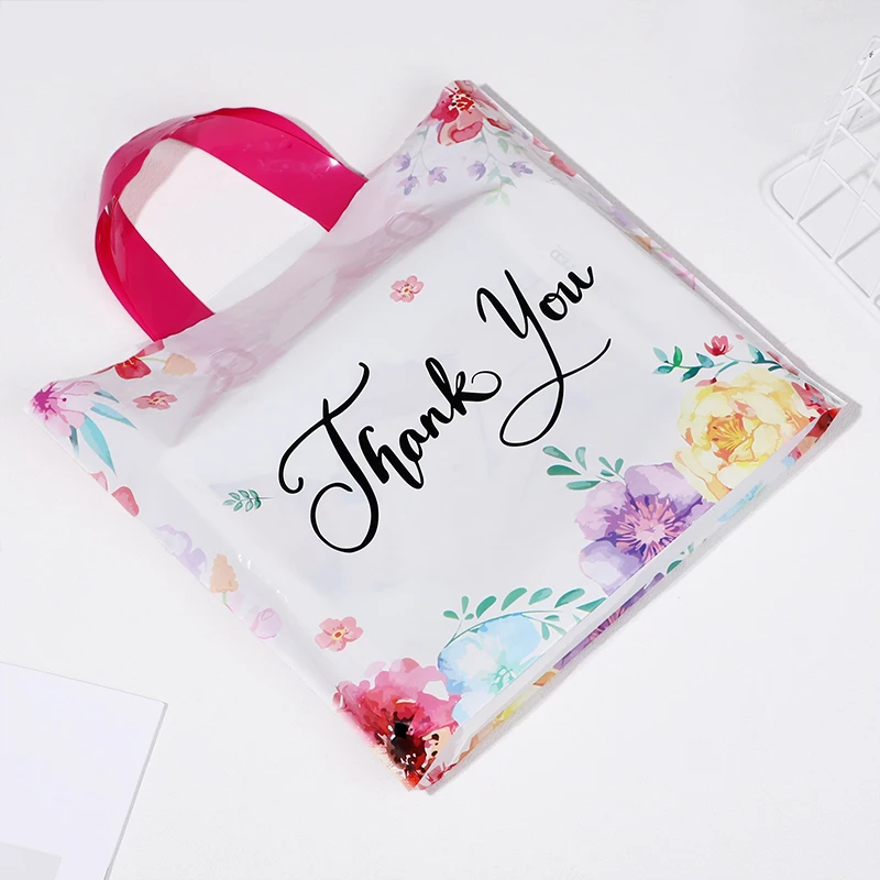 10/20/30Pcs Thank You Gift Bag Floral Design Plastic Tote Bags for Wedding Birthday Party Gift Packaging Thanksgiving Christmas