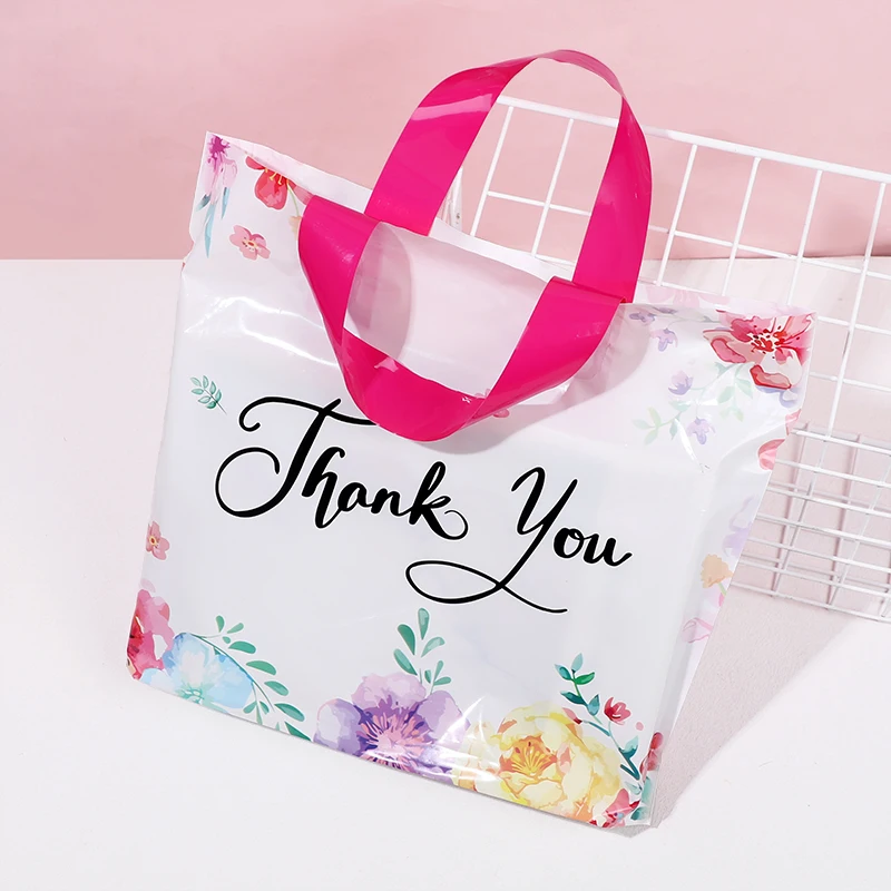 10/20/30Pcs Thank You Gift Bag Floral Design Plastic Tote Bags for Wedding Birthday Party Gift Packaging Thanksgiving Christmas