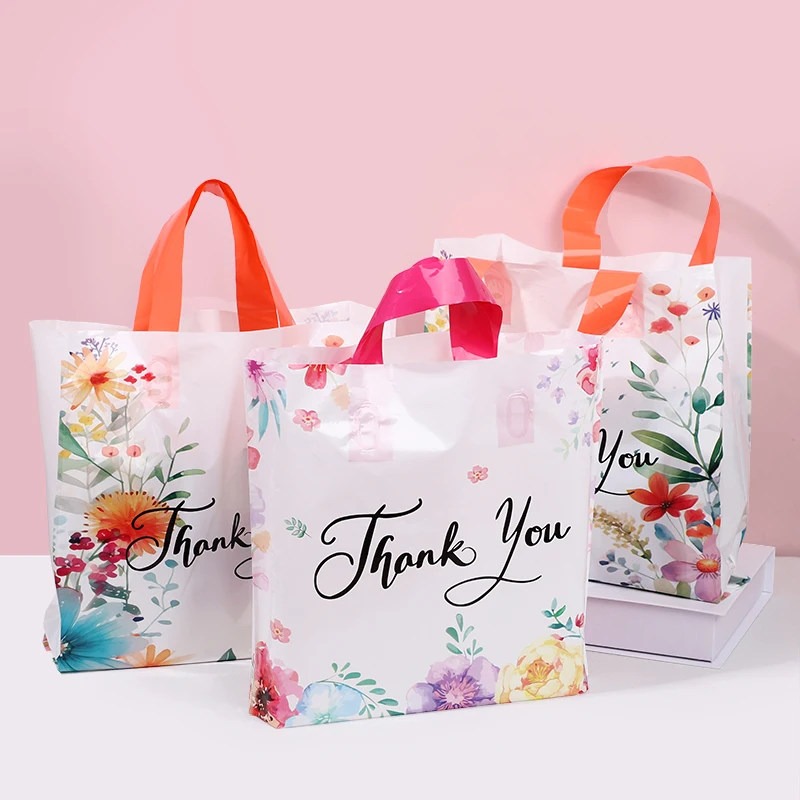 10/20/30Pcs Thank You Gift Bag Floral Design Plastic Tote Bags for Wedding Birthday Party Gift Packaging Thanksgiving Christmas