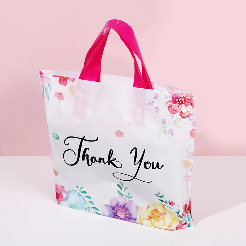 10/20/30Pcs Thank You Gift Bag Floral Design Plastic Tote Bags for Wedding Birthday Party Gift Packaging Thanksgiving Christmas