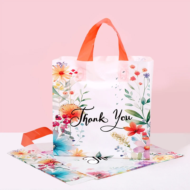 10/20/30Pcs Thank You Gift Bag Floral Design Plastic Tote Bags for Wedding Birthday Party Gift Packaging Thanksgiving Christmas