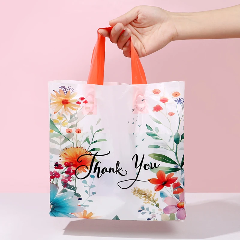 10/20/30Pcs Thank You Gift Bag Floral Design Plastic Tote Bags for Wedding Birthday Party Gift Packaging Thanksgiving Christmas