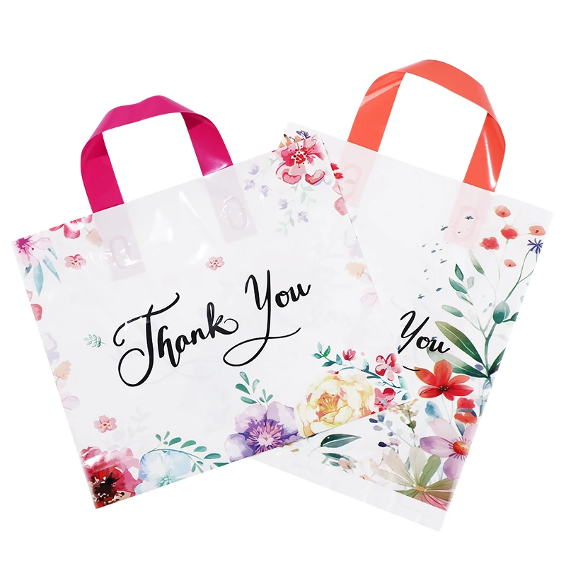 10/20/30Pcs Thank You Gift Bag Floral Design Plastic Tote Bags for Wedding Birthday Party Gift Packaging Thanksgiving Christmas