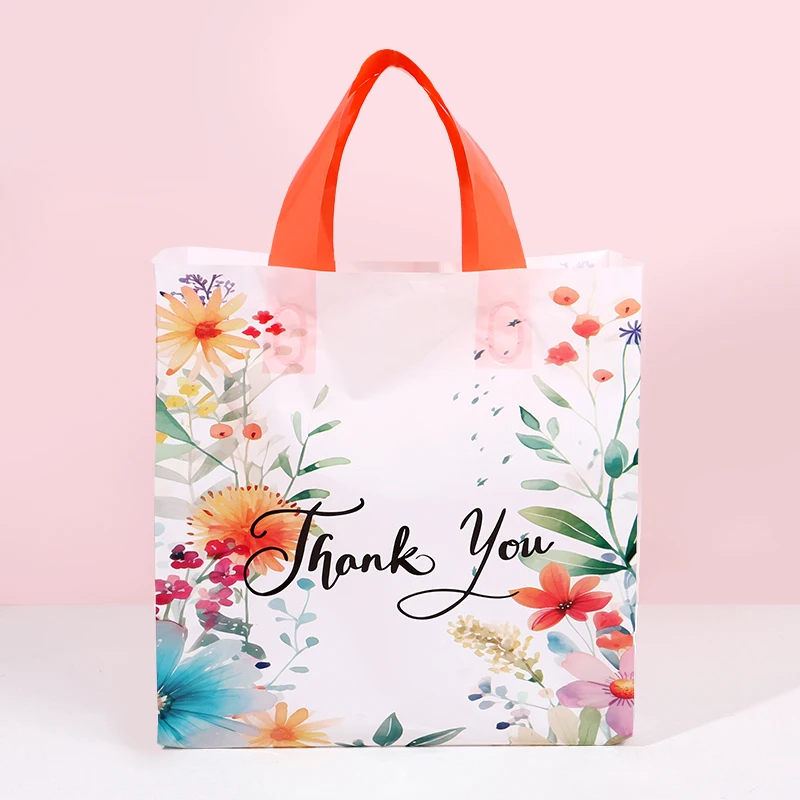 10/20/30Pcs Thank You Gift Bag Floral Design Plastic Tote Bags for Wedding Birthday Party Gift Packaging Thanksgiving Christmas