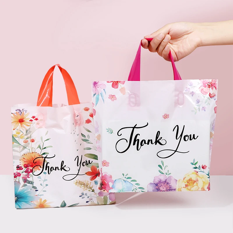 10/20/30Pcs Thank You Gift Bag Floral Design Plastic Tote Bags for Wedding Birthday Party Gift Packaging Thanksgiving Christmas