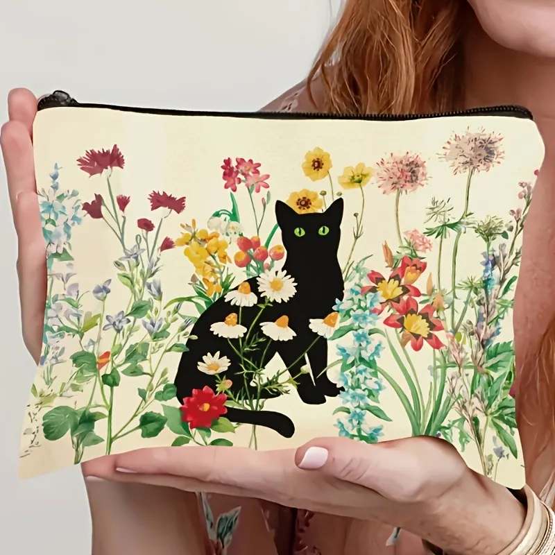 Black Cat Floral Makeup Bag Large Capacity Halloween Gift for Women Cosmetic Bags Zipper Pouch Retro Pencil Case Christmas Gifts