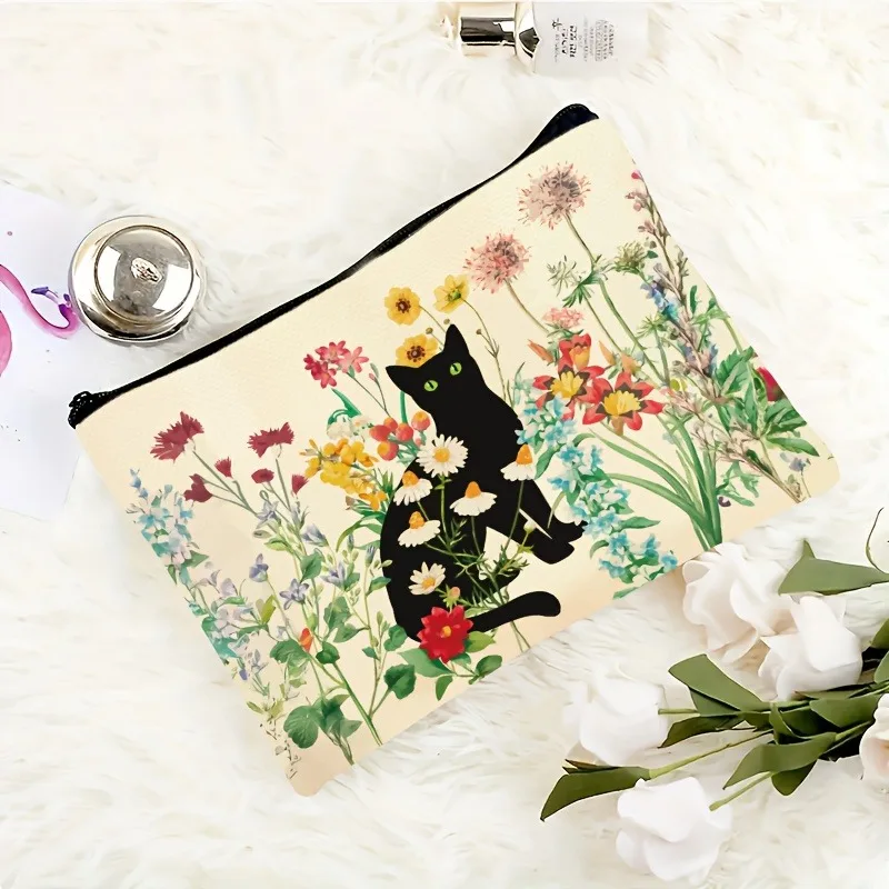 Black Cat Floral Makeup Bag Large Capacity Halloween Gift for Women Cosmetic Bags Zipper Pouch Retro Pencil Case Christmas Gifts