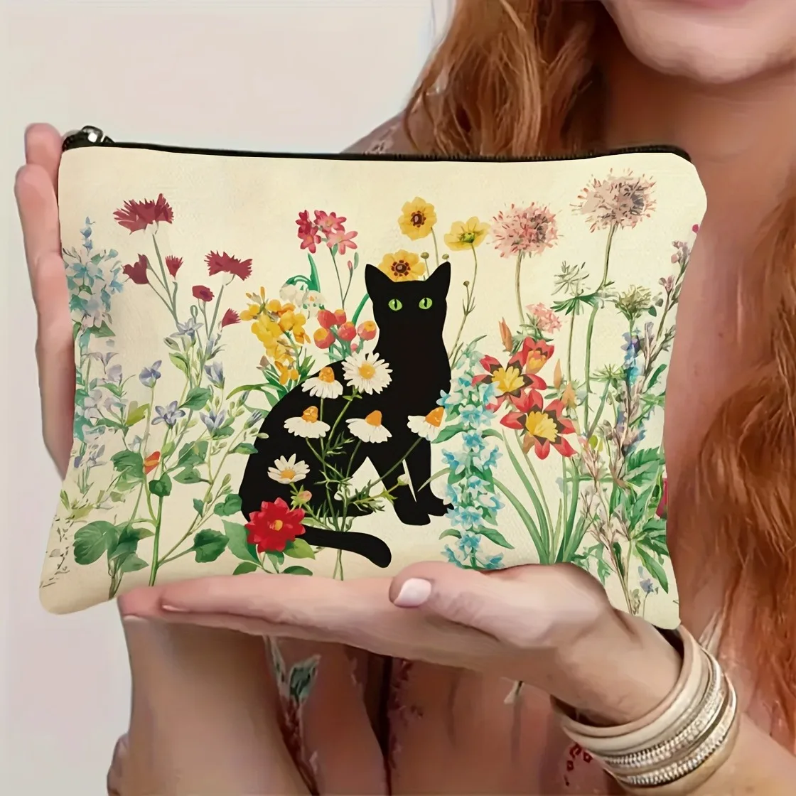 Black Cat Floral Makeup Bag Large Capacity Halloween Gift for Women Cosmetic Bags Zipper Pouch Retro Pencil Case Christmas Gifts