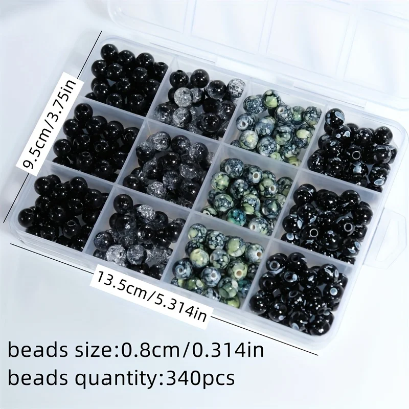 340pcs 8mm Acrylic Black Round Bead Jewelry Making Set Box, Suitable for DIY Bracelets, Necklaces and Earrings Christmas