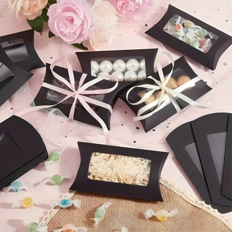 50PCS Pillow Shape Candy Box with Window Wedding Christmas Kraft Paper Cookie Gift Packaging Boxes Birthday Party Supplies