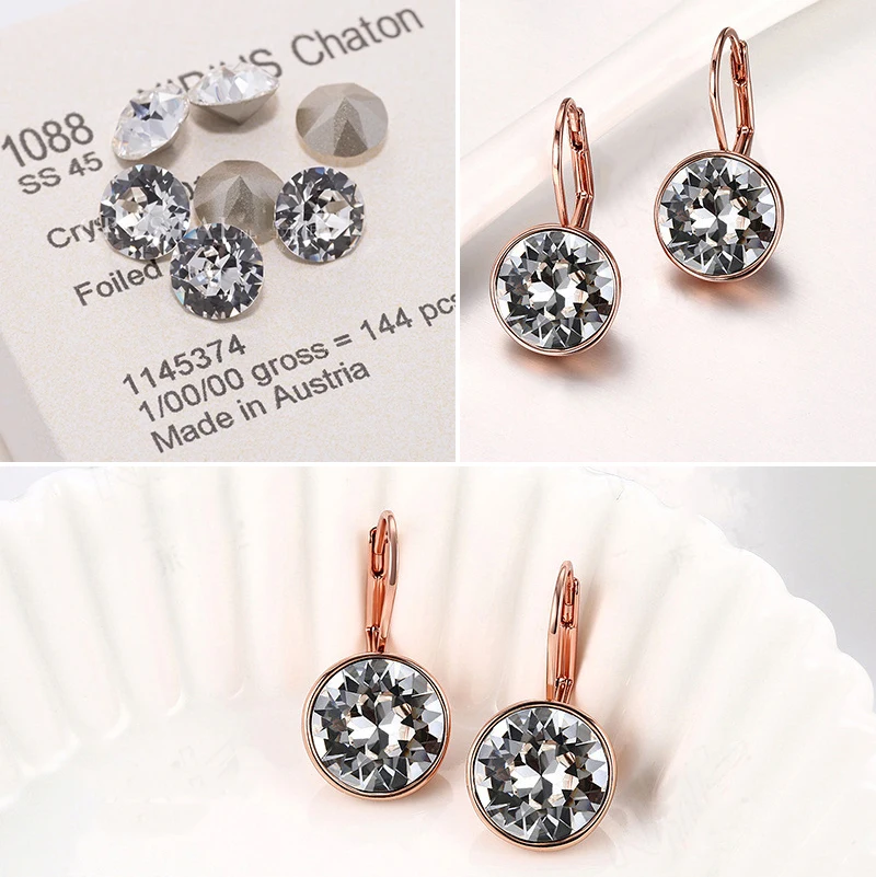 Bella Drop Earring for Women Christmas Birthday Premium Austrian Crystals Round Cut Dangle Silver Gold Color Pierced Jewelry