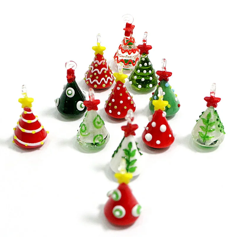 Mini Handmade Glass Christmas Tree Art Figurines Ornaments Colorful High Grade Cute Pendant Xmas Hanging Decor Charm Accessories