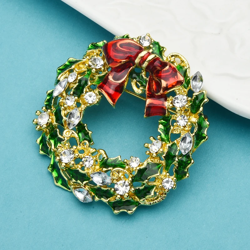 Wuli&baby New Year Christmas Flower Wreath Brooches For Women Men Rhinestone Bowknot Flower Brooch Pins Gifts