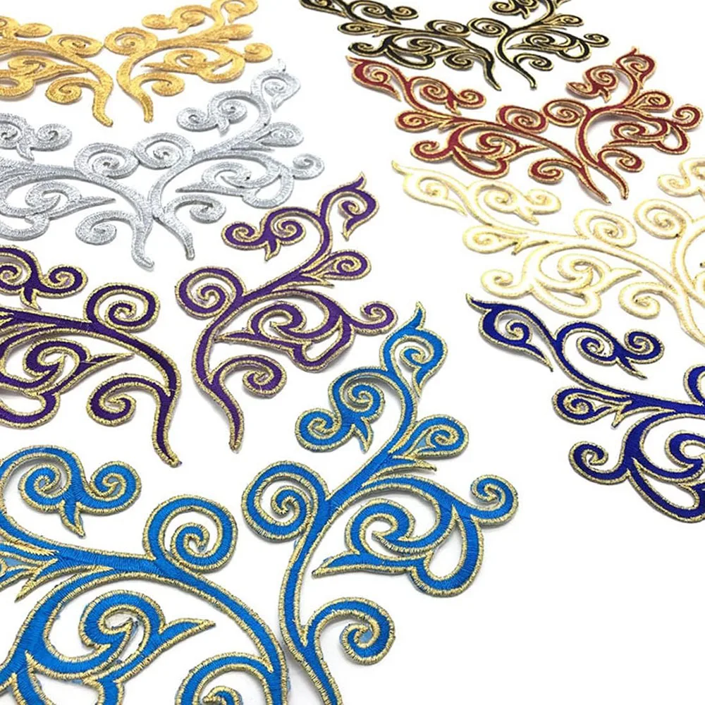 1 Pair Embroidery Golden Thread Flower Patches Fabric Christmas Bride Wedding Dress Bags DIY Festival Accessories Sewing Repair