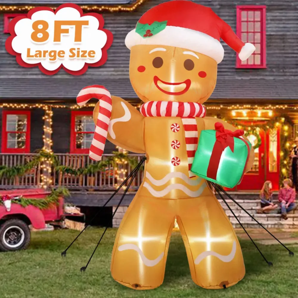 8FT/2.4M Christmas Inflatables Gingerbread Man with Gift Pack Outdoor Decorations Xmas Yard Decorations with LED Lights for Lawn
