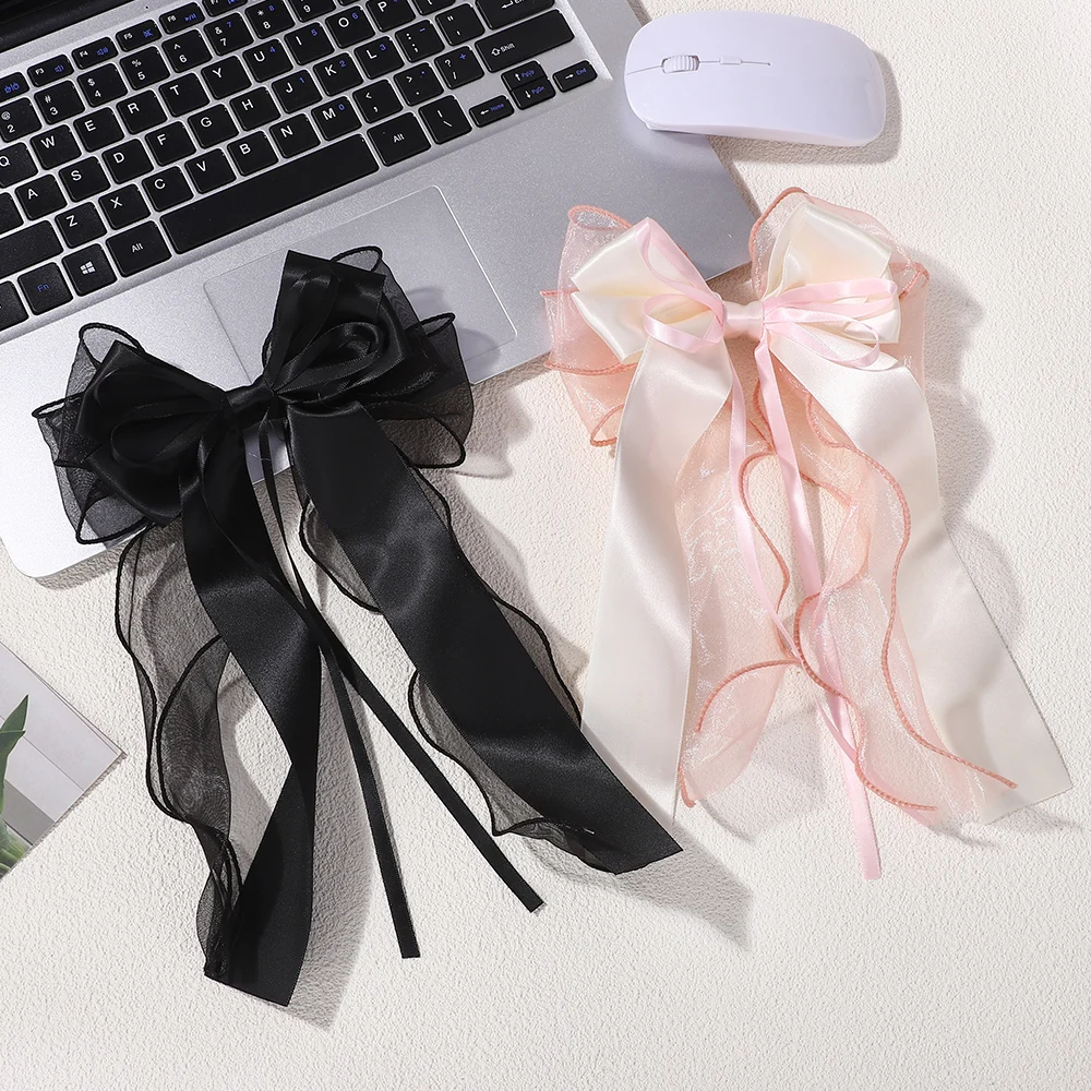 1Pcs Lace Hair Bow Clip Coquette Bow Barrettes with Long Tail Ribbon for Women Christmas Valentines Wedding Prom Accessories