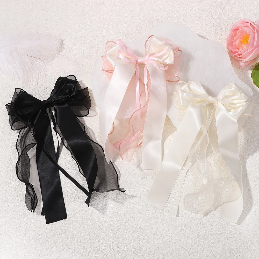 1Pcs Lace Hair Bow Clip Coquette Bow Barrettes with Long Tail Ribbon for Women Christmas Valentines Wedding Prom Accessories