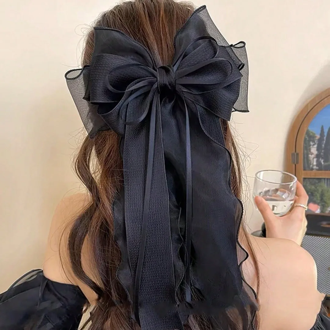 1Pcs Lace Hair Bow Clip Coquette Bow Barrettes with Long Tail Ribbon for Women Christmas Valentines Wedding Prom Accessories