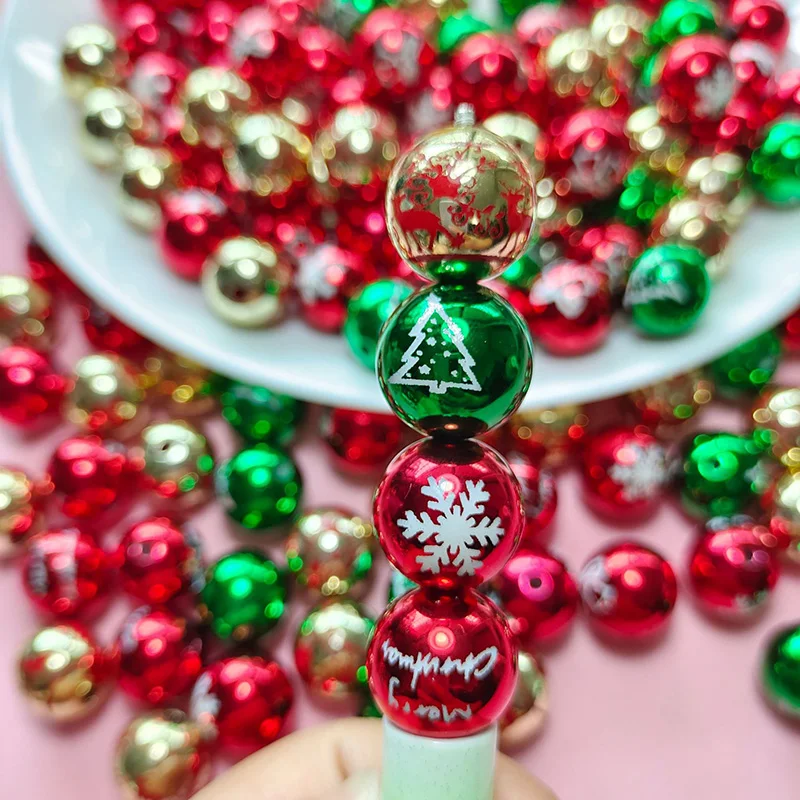16mm 10pcs Big UV Color Xmas Acrylic Beads Printing Christmas Tree Snowflake Bell Beads For Making Xmas Style Necklace Earring