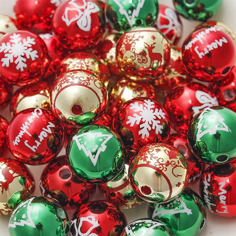 16mm 10pcs Big UV Color Xmas Acrylic Beads Printing Christmas Tree Snowflake Bell Beads For Making Xmas Style Necklace Earring