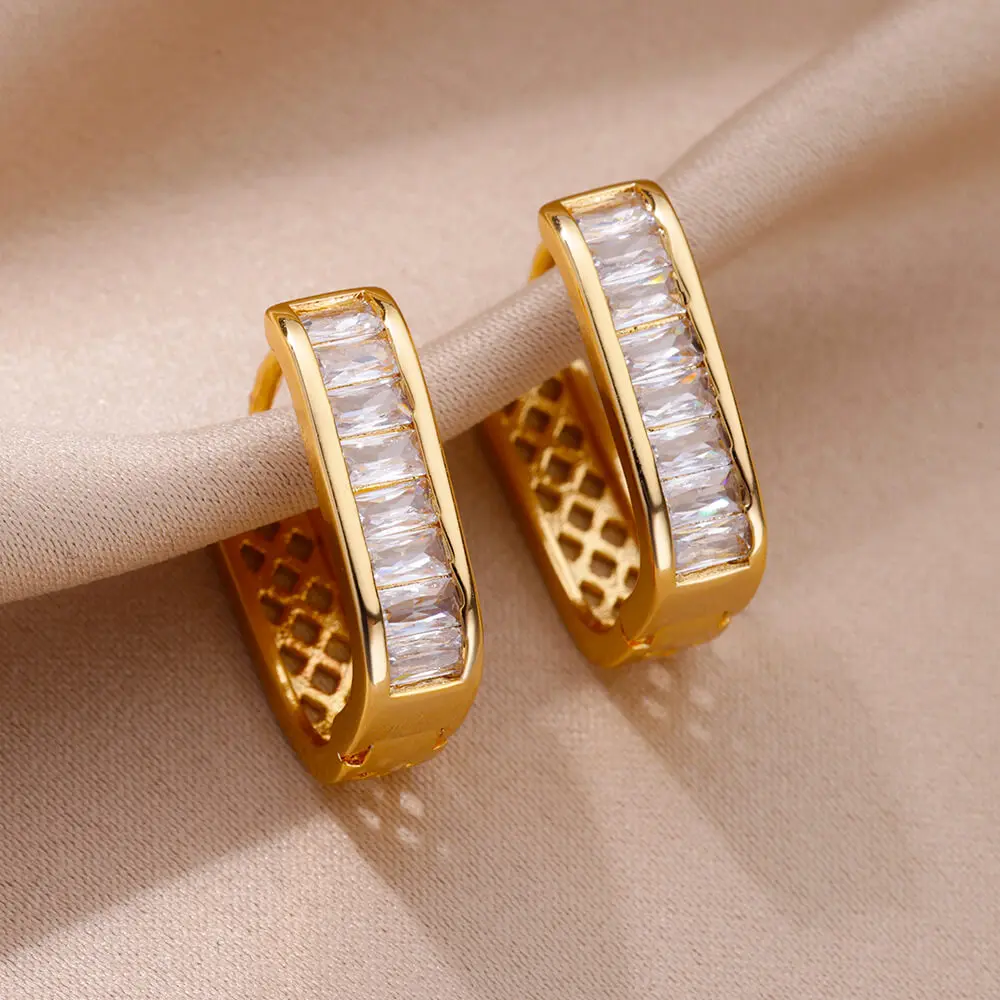 Shiny Zircon Circle Square Hoop Earrings for Women Gold Color Stainless Steel Earrings Luxury Christmas Jewelry Wedding aretes