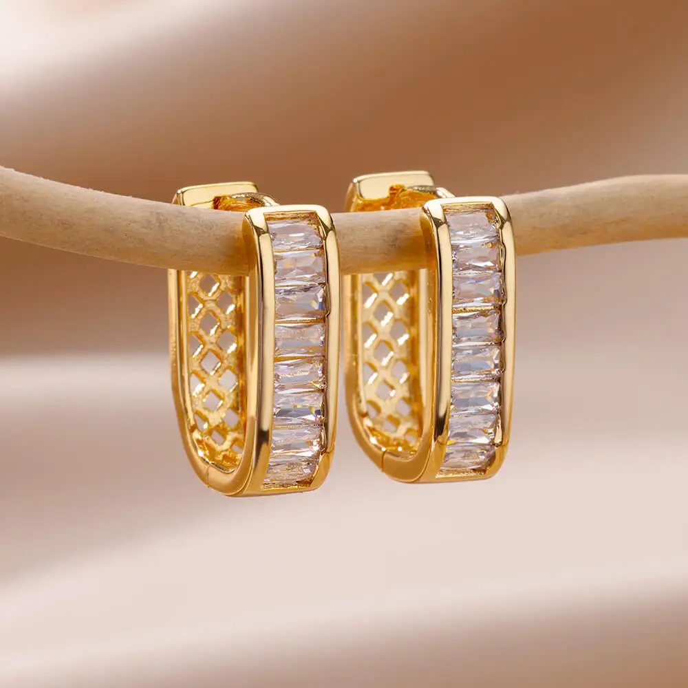 Shiny Zircon Circle Square Hoop Earrings for Women Gold Color Stainless Steel Earrings Luxury Christmas Jewelry Wedding aretes