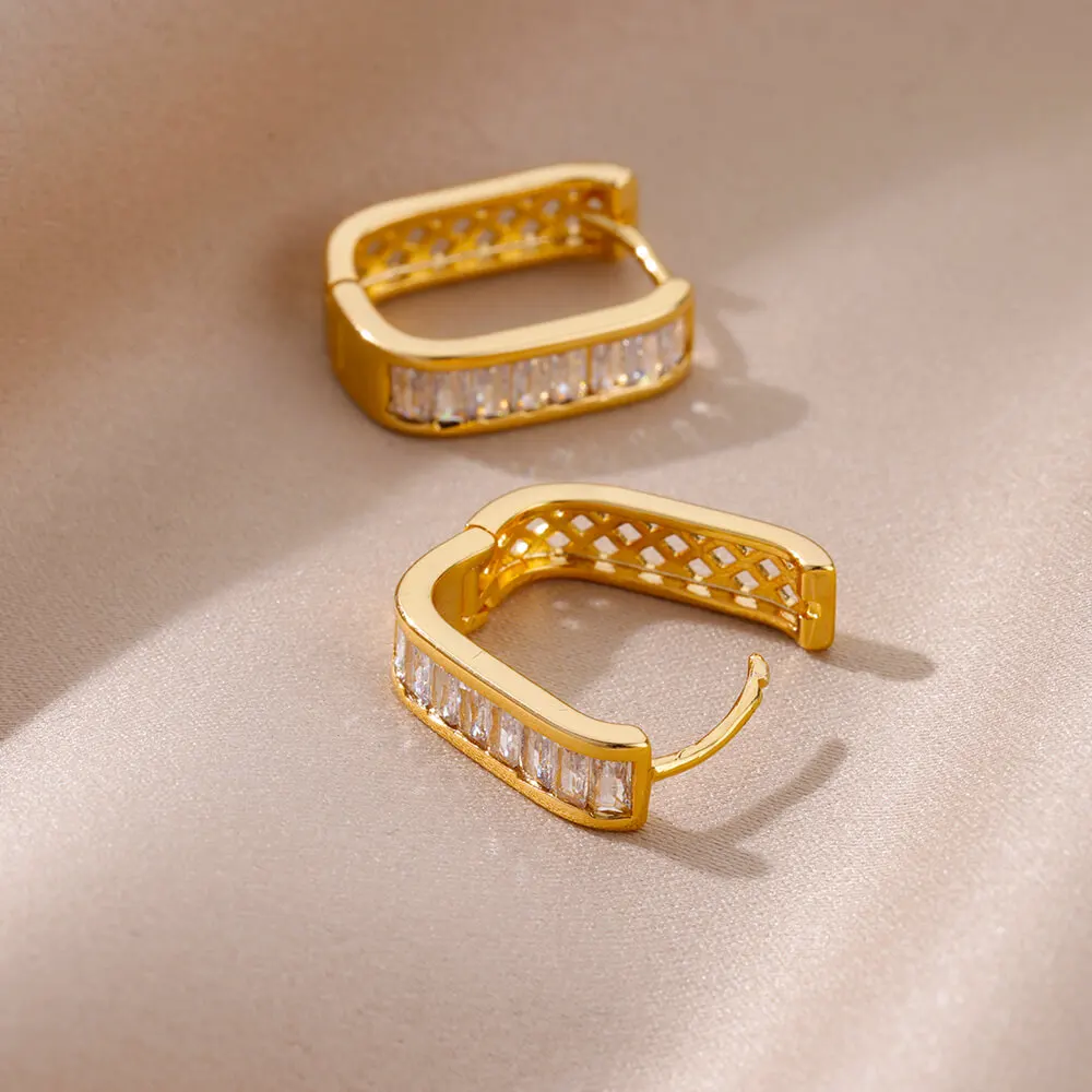 Shiny Zircon Circle Square Hoop Earrings for Women Gold Color Stainless Steel Earrings Luxury Christmas Jewelry Wedding aretes