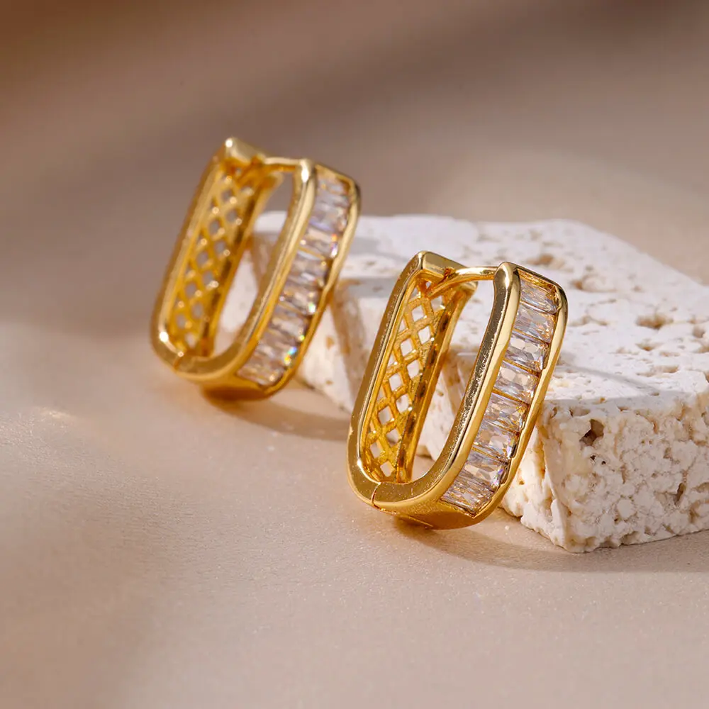 Shiny Zircon Circle Square Hoop Earrings for Women Gold Color Stainless Steel Earrings Luxury Christmas Jewelry Wedding aretes