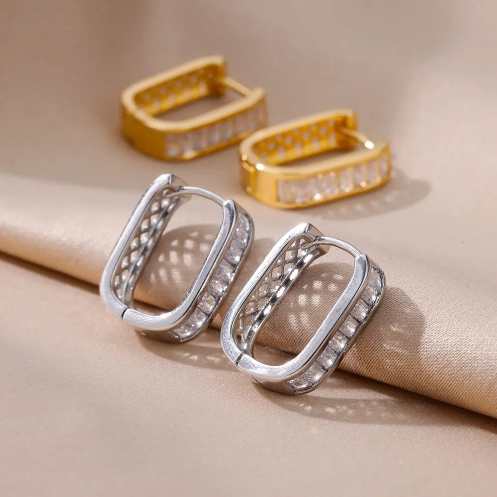 Shiny Zircon Circle Square Hoop Earrings for Women Gold Color Stainless Steel Earrings Luxury Christmas Jewelry Wedding aretes